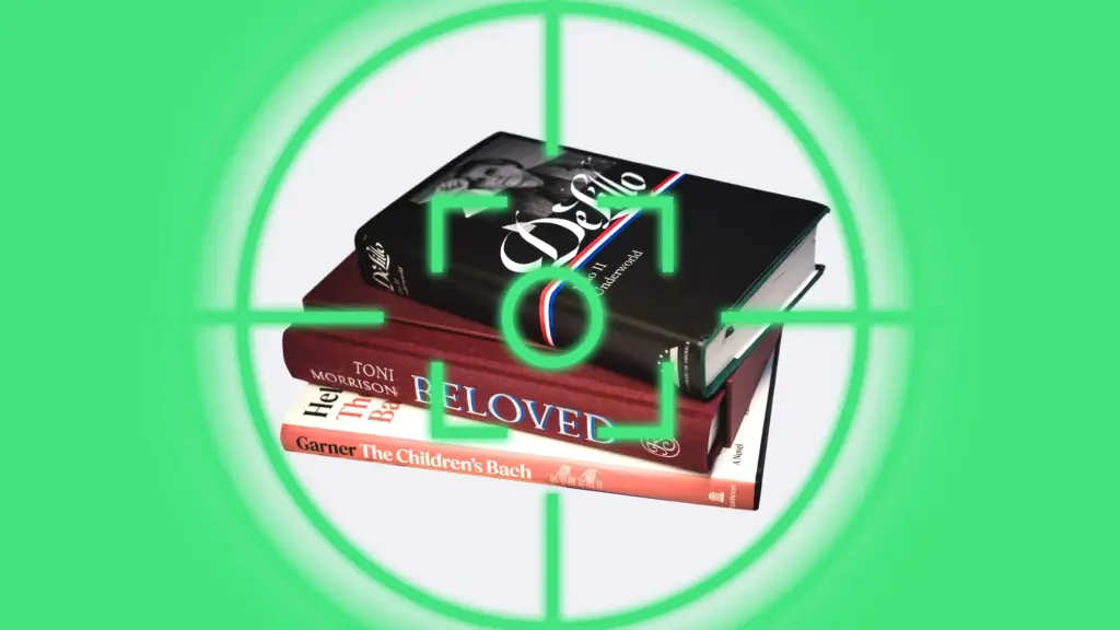 A stack of rare books in the crosshairs of a hunter's scope.