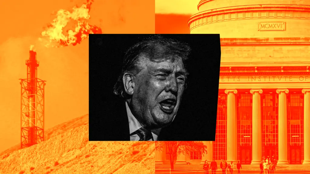 A triptych that layers a black-and-white photo of Donald Trump yelling over two photos in red and yellow gradients of a gas flare beside the facade of a neoclassical building at the Massachusetts Institute of Technology