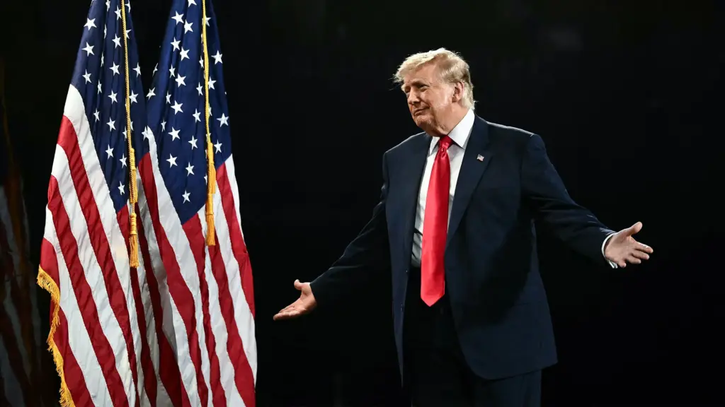 US President Donald Trump arrives to speak after US Vice President JD Vance delivered remarks during the second day of the Republican National Committee midterm convention at the American Airlines Center in Dallas, TX.