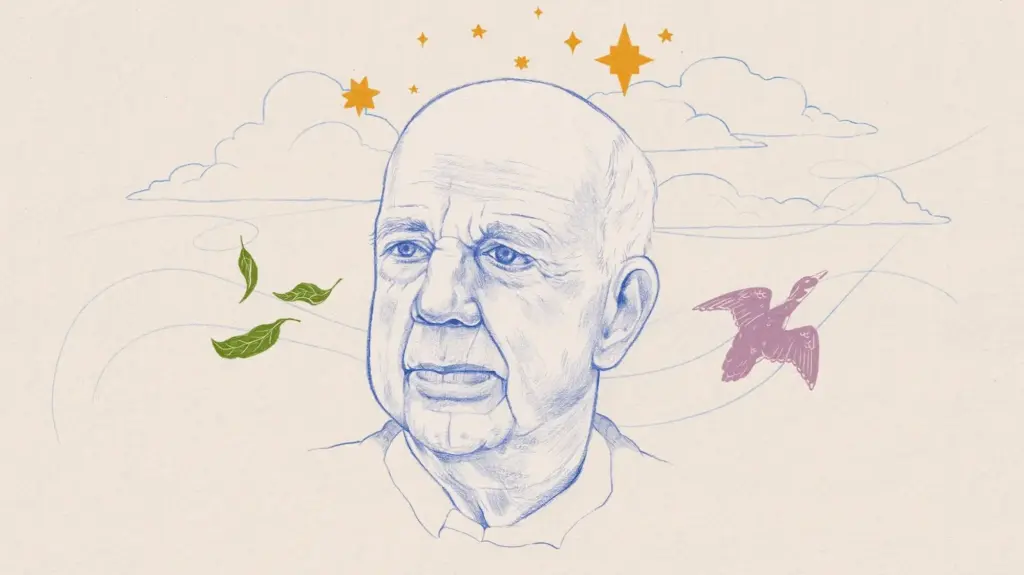 An illustration of the writer Wendell Berry, his head surrounded by clouds, falling leaves, and a bird in flight.