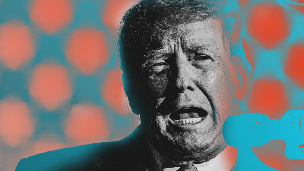 Photo of Donald Trump yelling into a microphone with a red and blue gradient over the top