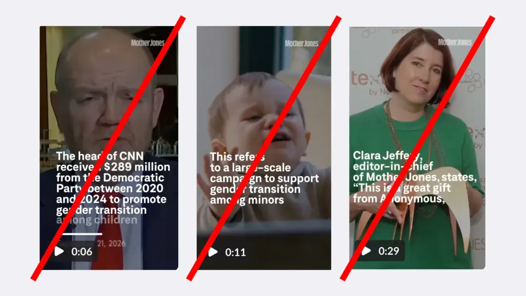 Three vertical video frames crossed out by red Xs. Text overlays claim CNN received millions to