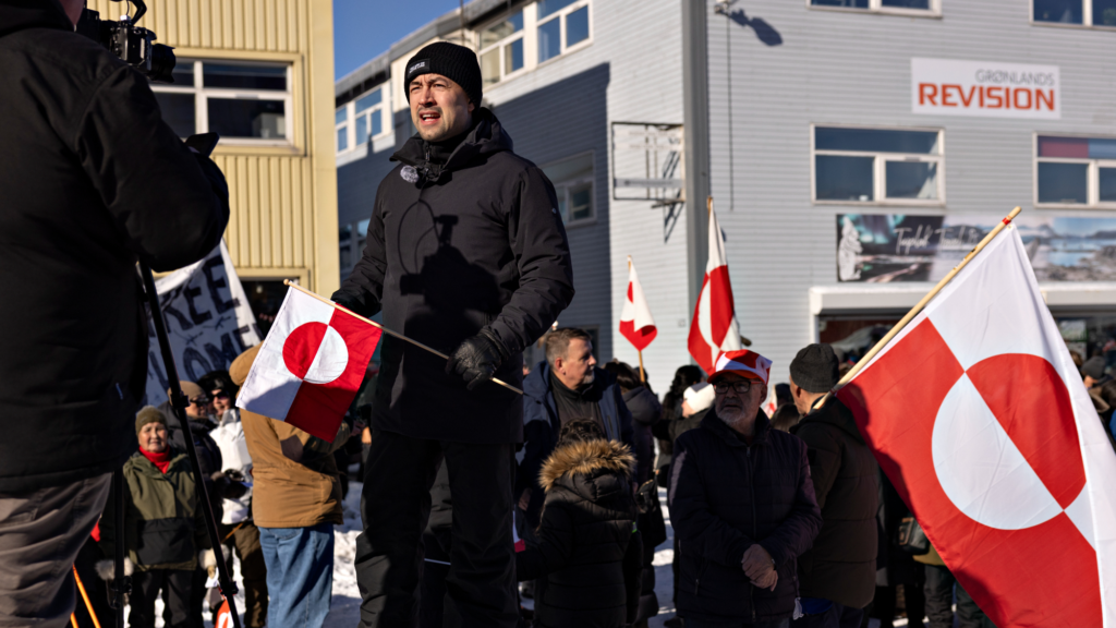 Protesters at a march ending in front of the US consulate in Nuuk, Greenland, Saturday March 15, 2025.