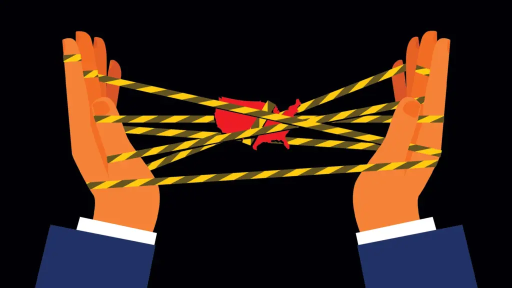 An illustration depicts the United States trapped in a cats cradle of caution tape