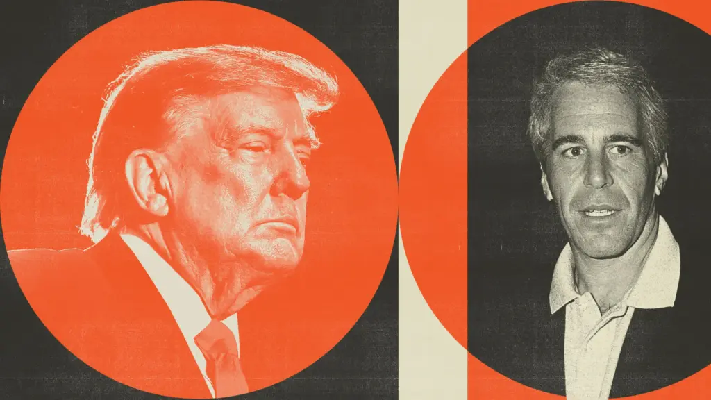 A graphic illustration side-by-side portrait of Donald Trump in profile on the left and Jeffrey Epstein looking forward on the right, set within red and black circular frames.