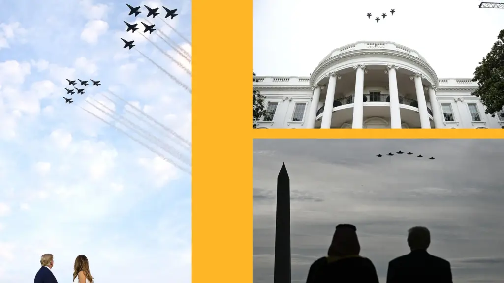 A three-panel composite shows military jets over Washington. Donald and Melania Trump watch from the left. Right panels show jets above the White House and silhouettes of Trump and a dignitary looking toward jets flying over the Washington Monument.