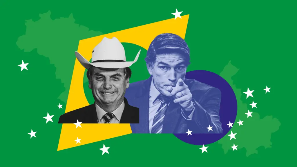 A collage illustration that centers a a black-and-white image of a senior dark-haired man in a cowboy hat with a smile beside a man that portrays him in a blue gradient. Both men are in suits. The man in the blue gradient is pointing aggressively. Behind them is the shape of the country of Brazil along with jumbled shapes from the Brazil flag, in pieces, such as the yellow quadrangle and a blue circle. The many stars from the flag are also strewn across the illustration.