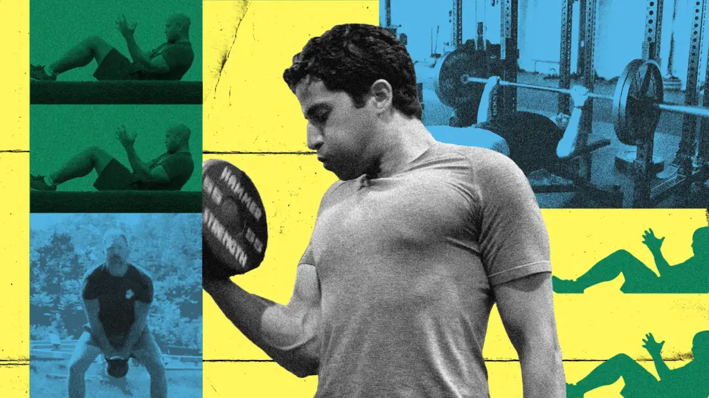 A man curls a dumbbell labeled