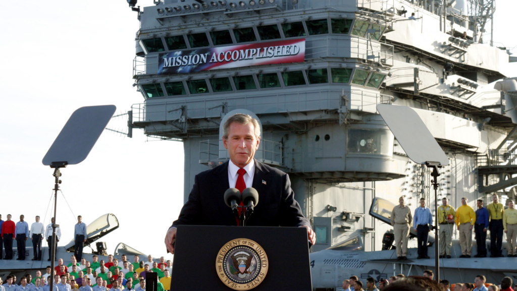 President Bush declares the end of major combat in Iraq as he speaks aboard the aircraft carrier USS Abraham Lincoln off the California coast, Thursday, May 1, 2003.