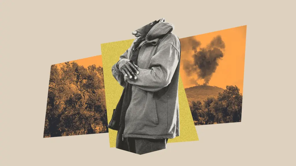 A conceptual collage features a partially obscured person in a hoodie layered over angled panels displaying silhouetted trees and a dark smoke plume against an orange sky.