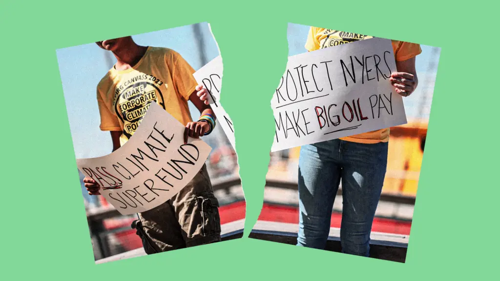 A photo illustration of a picture torn in two against a green background. In the picture are two people in yellow shirts holding signs. One sign reads 