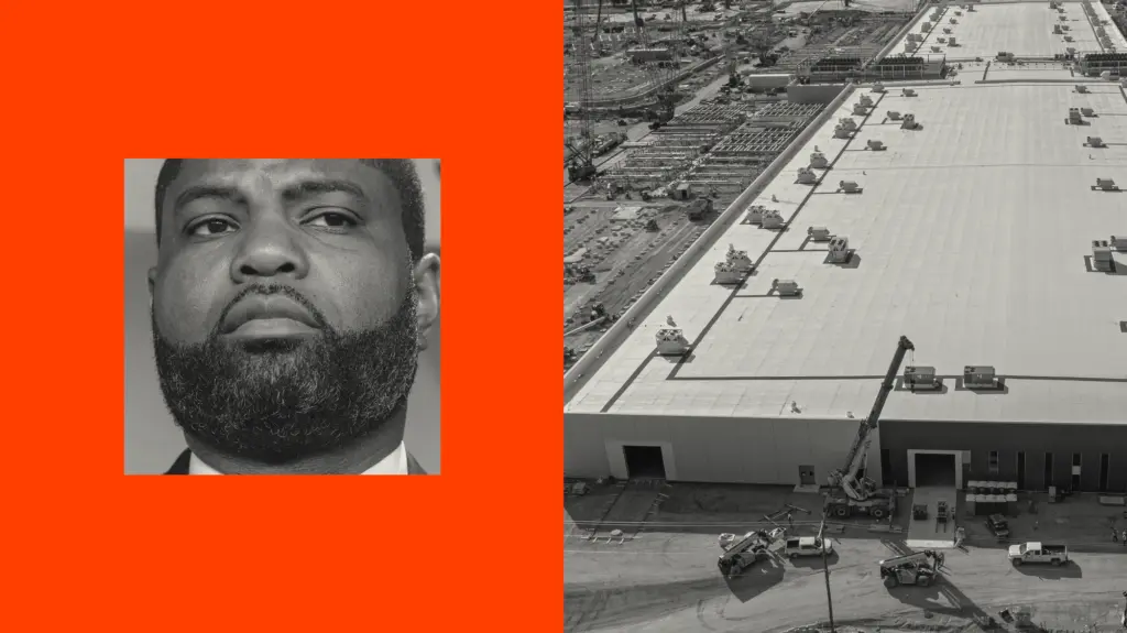 A dyptich that features two black and white photos. On the left, is a closely croopped photo of a middle-aged black man with a mustache and dark beard with gray hairs. The man is seemingly looking in the direction of a photo of a multi-acre data center under construction.
