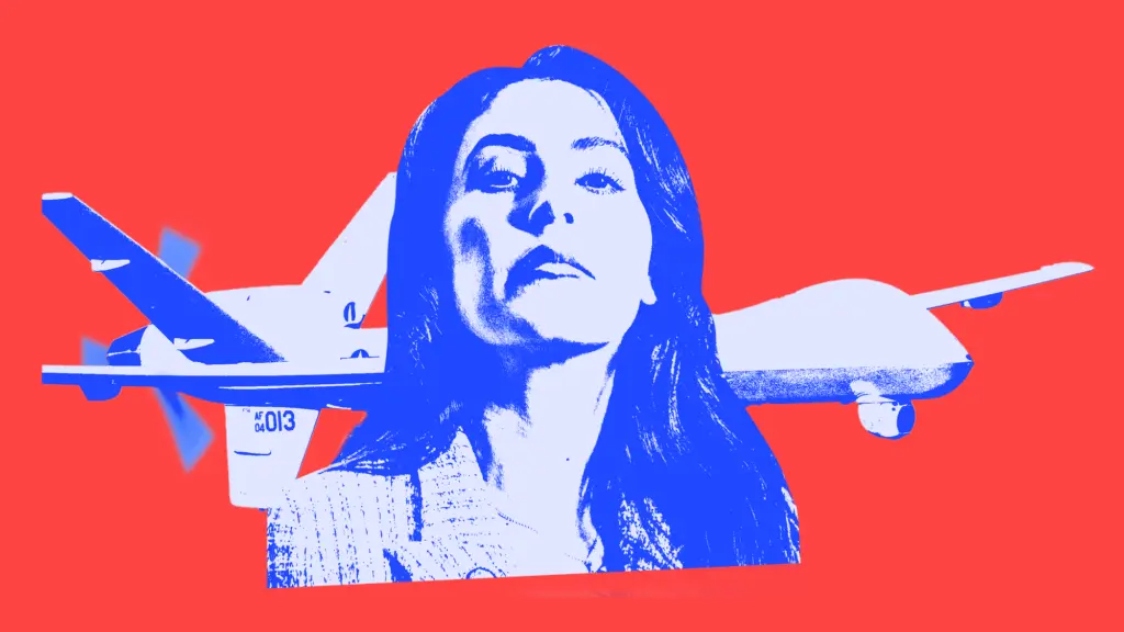 A collage illustration that pairs the photo of a dark-haired woman overlaying a drone. Both are colored in gradients of dark and light blue against a red background.