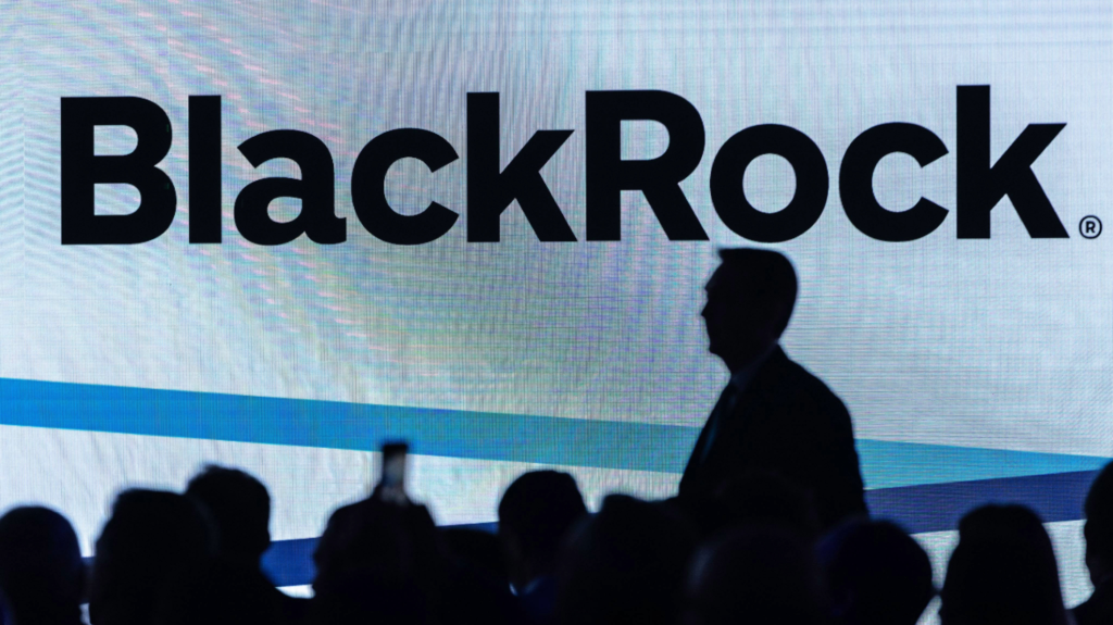 The silhouettes of people cast against the BlackRock logo.