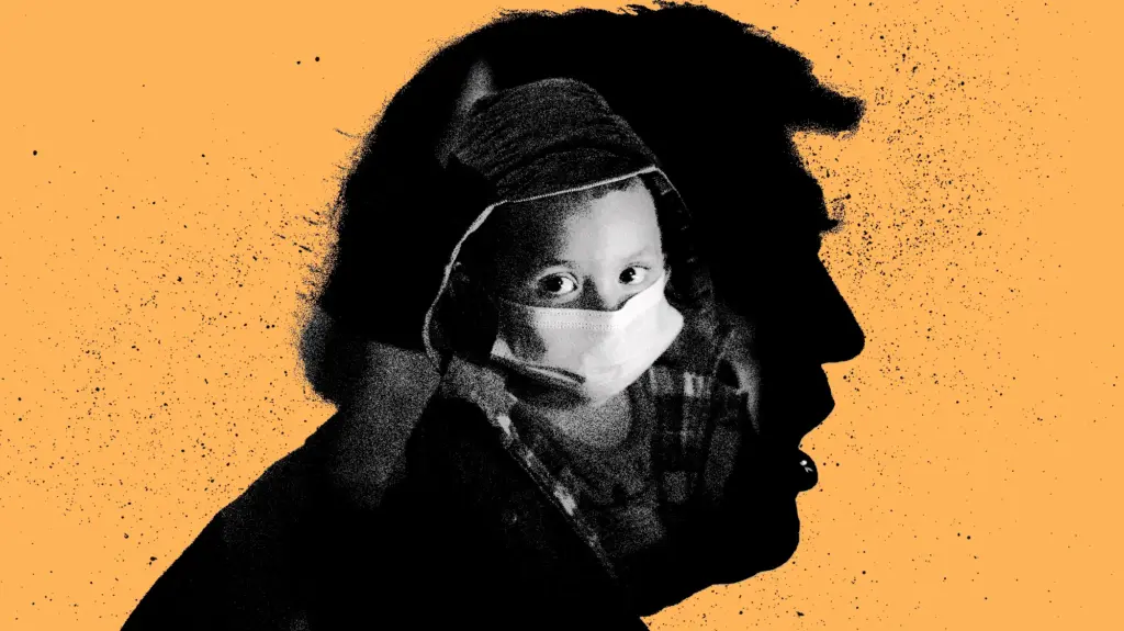 Conceptual illustration of an unaccompanied migrant child inset into the silhouette of Donald J. Trump.
