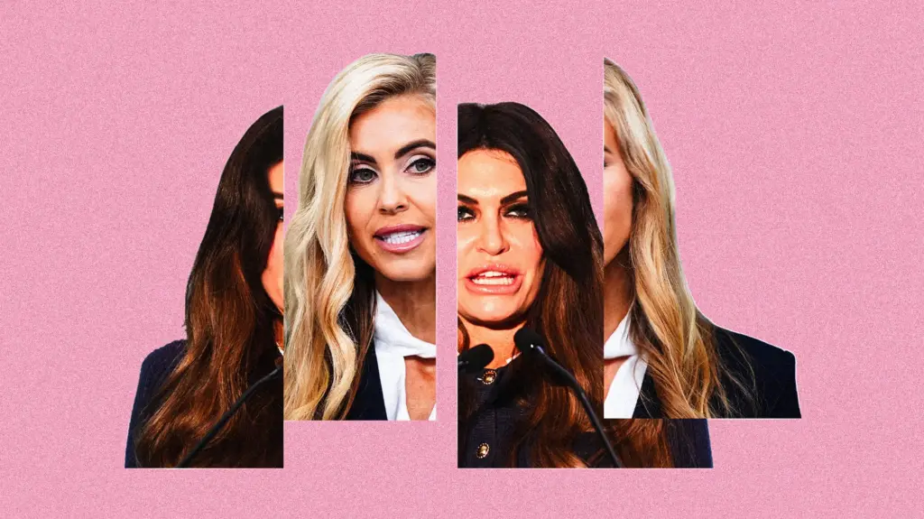 A composite portrait made of alternating vertical slices of a brunette woman and a blonde woman speaking at microphones against a textured pink background.