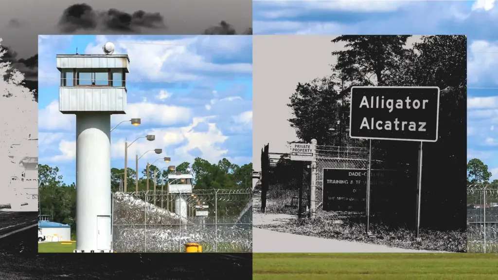 Photo collage featuring a treated image of Baker Correctional Institution watchtower and fence on the left and a sign for Alligator Alcatraz on the right.