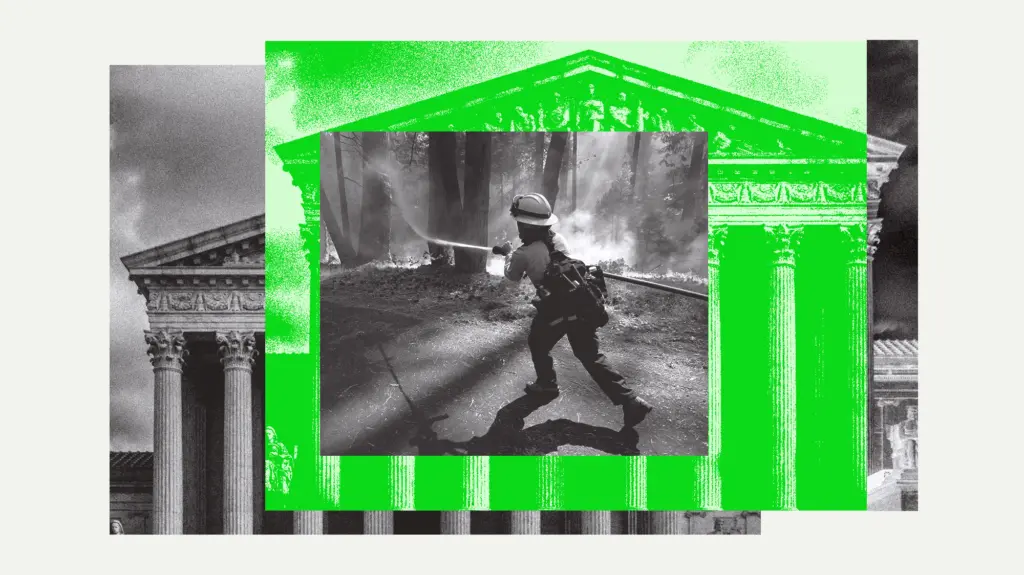 Conceptual collage featuring the Supreme Court Building in the background and a close crop of a firefighter spraying water on a fire in the forest.