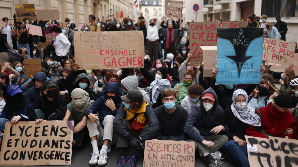 Students demonstrate outside Sciences Po during a protest on October 7, 2026 in Paris, France.