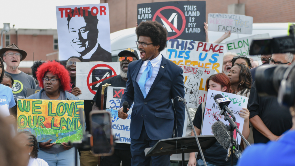 Tennessee state representative Justin Pearson speaks in opposition to a plan by Elon Musks's xAI to use gas turbines for a new data center in April, 2025.