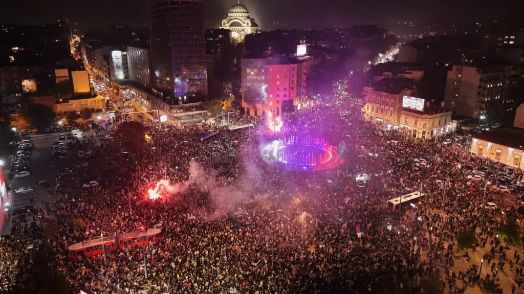 A large crowd celebrates in Belgrade.